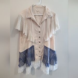 POL Women's Cream and Blue Patchwork Top